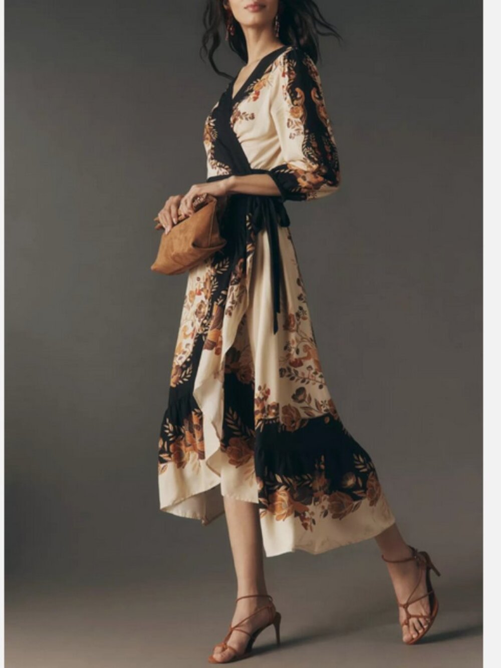 Farm Rio Anthropologie Long-Sleeve Wrap Midi Dress Size XXS NWT Orange Floral - Picture 3 of 6